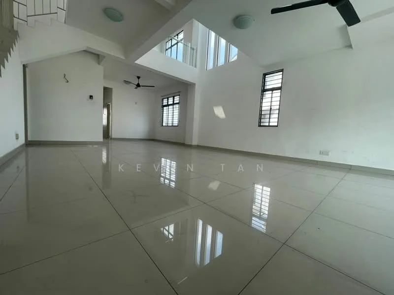 Room features: white painted walls, polished ceramic tile flooring, 2 ceiling fans, large windows with black frames, high ceiling, natural light from windows, open layout, staircase visible in background; style: modern.