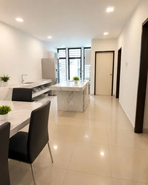 Kitchen features: marble countertop, kitchen island, stainless-steel sink, chrome pull-down faucet, built-in refrigerator, white cabinetry, ceramic tile flooring, recessed LED downlights, floor-to-ceiling windows, neutral painted walls, dining table with chairs, decorative plants; style: modern.