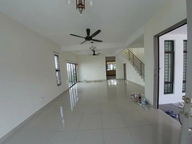 Living features: white painted walls, polished ceramic tile flooring, 5-blade ceiling fan with light, 2 ceiling fans, large windows with grid pattern, sliding glass door, open layout, neutral color scheme, staircase visible in background, decorative light fixture; style: modern.
