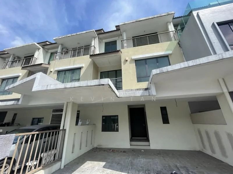 Exterior type: linked terrace house; features: two-storey building, cream painted facade, balconies on upper floor, concrete car porch, sliding glass door at entrance, metal railing on balcony, driveway with interlocking pavers, surrounded by greenery; style: modern.