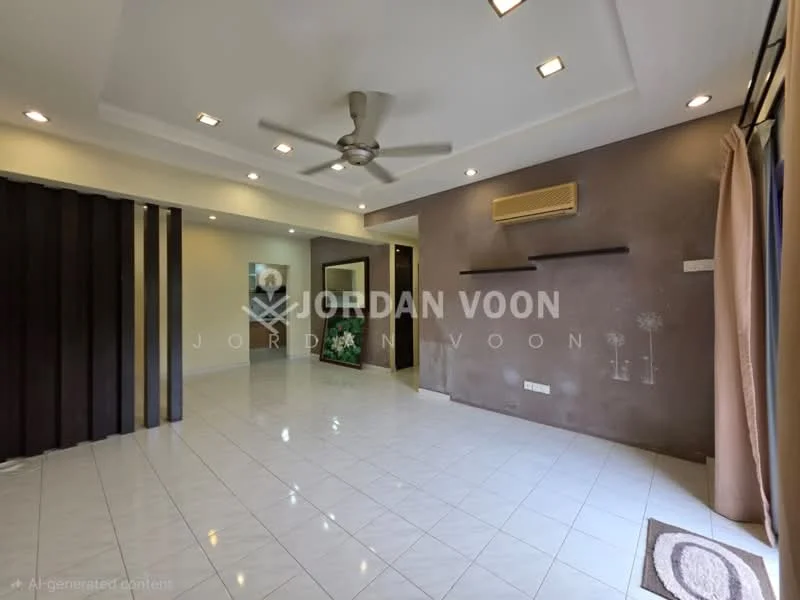 Living features: white tiled flooring, cream painted walls, dark wood accent wall, ceiling fan, recessed downlights, wall-mounted air conditioning unit, large window with curtain, decorative wall art, open layout, neutral color scheme; style: modern.
