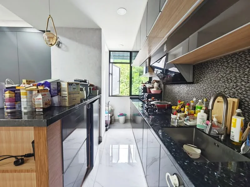 Kitchen features: black granite countertop, wood cabinetry, stainless-steel sink, chrome pull-down faucet, built-in gas stove, exhaust hood, black mosaic tile backsplash, white walls, marble tile flooring, window with garden view, open shelving, various kitchen appliances, storage jars, cooking utensils; style: modern; view: garden.