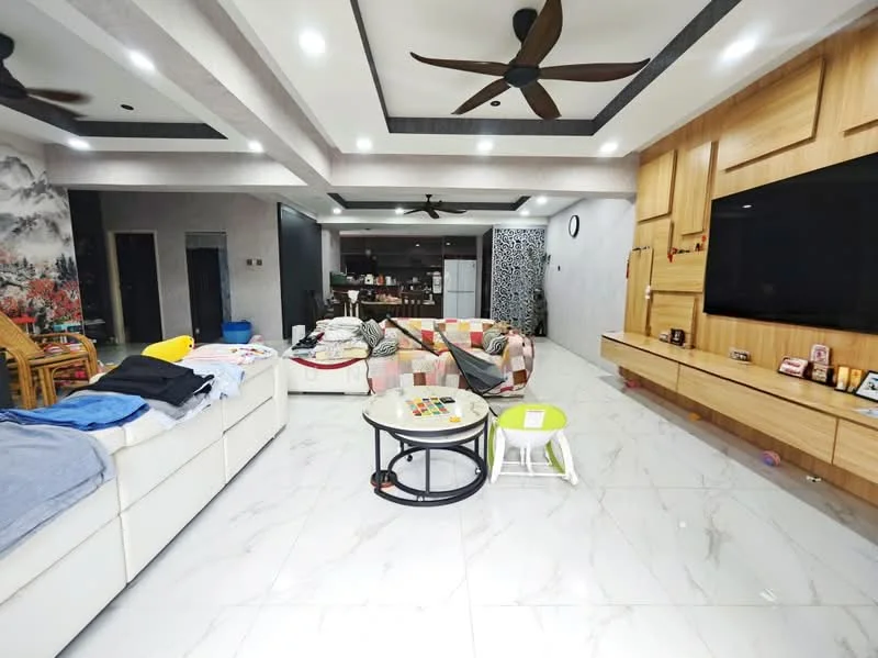 Living features: large sectional sofa in beige, 3-seater fabric sofa, coffee table with circular design, marble tile flooring, tray ceiling with recessed lighting, 2 ceiling fans with wooden blades, wall-mounted TV, wooden feature wall with TV console, decorative wall art, open layout to kitchen, dining area visible in background, area rug with geometric pattern; style: modern.