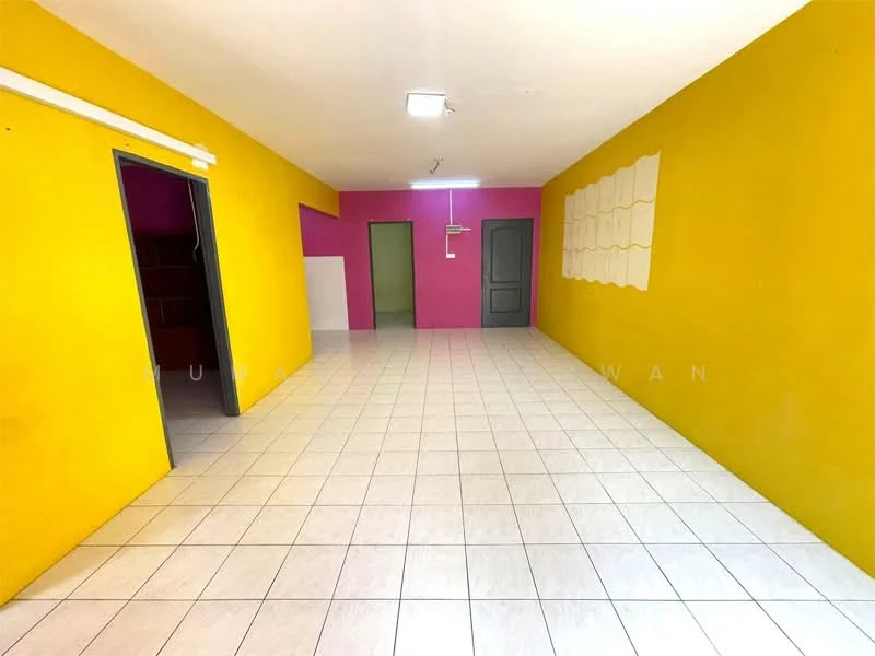 Room features: yellow painted walls, pink accent wall, white tiled flooring, ceiling light fixture, doorway to adjacent room, doorway to storage area, open layout, no visible furniture; style: modern.
