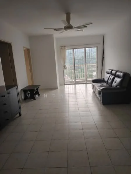 Living features: white painted walls, tile flooring, 5-blade ceiling fan, large sliding glass door, floor-to-ceiling windows, black leather sofa, black coffee table, black sideboard, curtains, city view; style: modern; view: city.