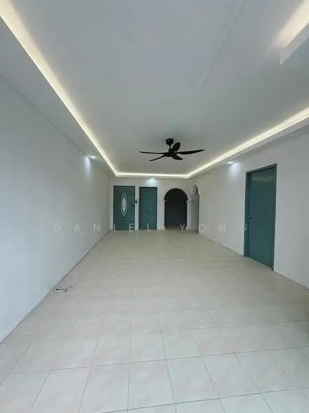 Room features: white painted walls, tile flooring, 5-blade ceiling fan, recessed LED lighting, arched doorway, double doors with glass panel, light-colored ceiling, neutral color scheme; style: modern.