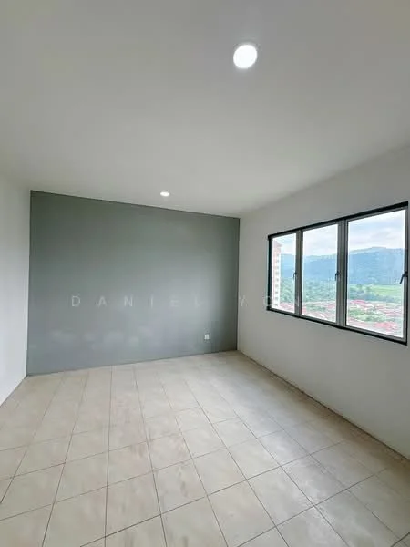 Room features: white painted walls, grey accent wall, tile flooring, floor-to-ceiling windows, mountain view, natural light from windows, recessed downlights; style: modern; view: mountain.