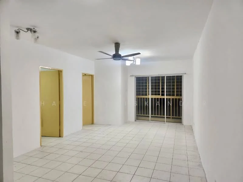 Living features: white painted walls, tile flooring, 5-blade ceiling fan with light, sliding glass door, floor-to-ceiling windows, two doorways leading to other rooms, natural light from windows, neutral color scheme.