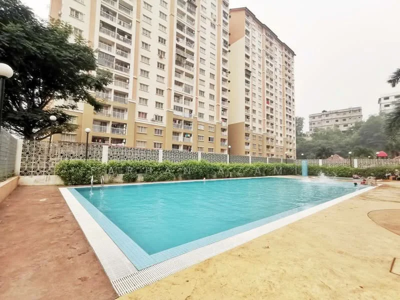 Exterior type: high-rise condominium; features: swimming pool, pool deck, landscaped garden, surrounding greenery, multiple-storey building, balconies on upper floors, fenced perimeter, outdoor lighting; style: modern.