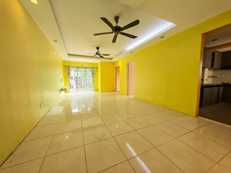 Living features: yellow painted walls, polished ceramic tile flooring, tray ceiling, 2 ceiling fans, large window with view to outside, open layout, recessed lighting, no visible furniture; style: modern. Kitchen features: open layout to living area, countertop visible, no visible appliances.