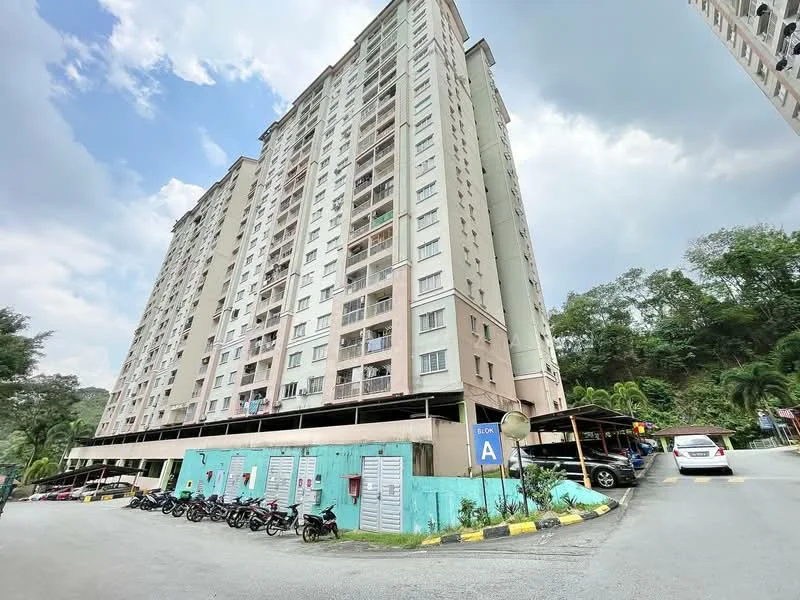 Exterior type: high-rise condominium; features: light pink painted facade, multiple storeys, balconies on upper floors, covered parking area, open-air parking lot, landscaped greenery in background, bicycle parking area, signage for building, driveway with marked parking spaces; style: modern.