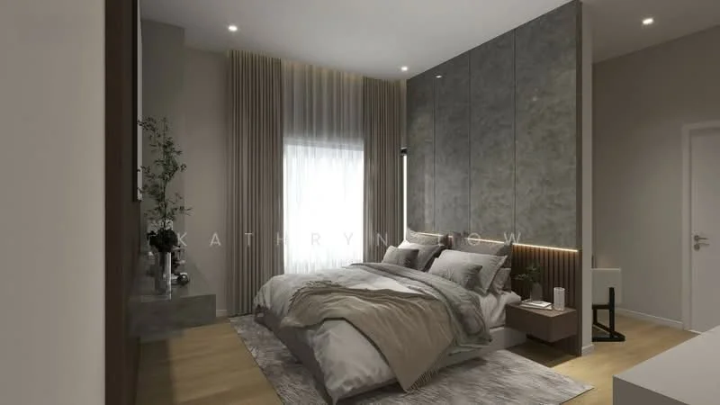 Bedroom features: king-size bed with grey bedding, upholstered headboard, bedside tables with lamps, decorative throw pillows, area rug with geometric pattern, floor-to-ceiling window with sheer curtains, wall-mounted TV, built-in wardrobe with sliding doors, recessed downlights, neutral wall colour, textured accent wall, plant in ceramic pot; style: modern.