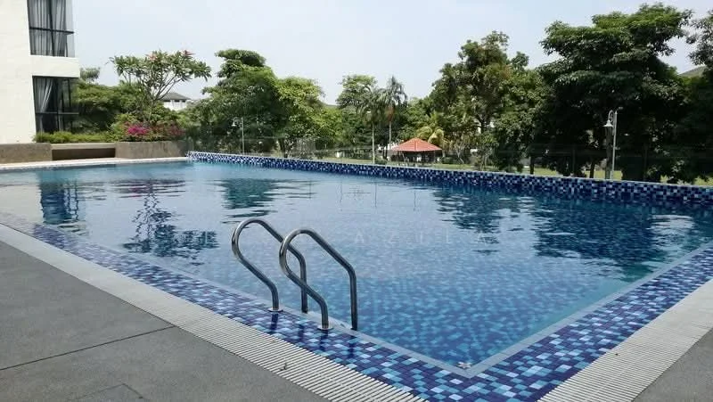 Exterior type: swimming pool deck; features: infinity pool, blue mosaic tile cladding, stainless-steel handrails, surrounded by tropical landscaping, deck area with grey stone flooring, lush greenery in background, poolside loungers, garden gazebo visible in distance; style: modern.