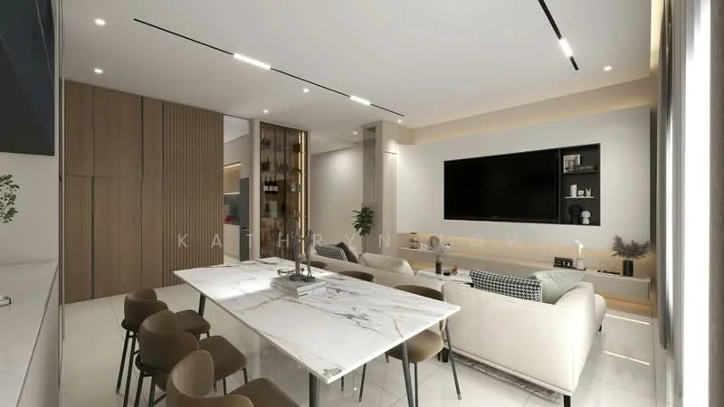 Living features: marble dining table, upholstered dining chairs, 3-seater fabric sofa in cream, wall-mounted TV, built-in shelving unit, recessed LED downlights, light wood paneling, neutral wall color, floor-to-ceiling windows, decorative plants, area rug with geometric pattern; style: modern.