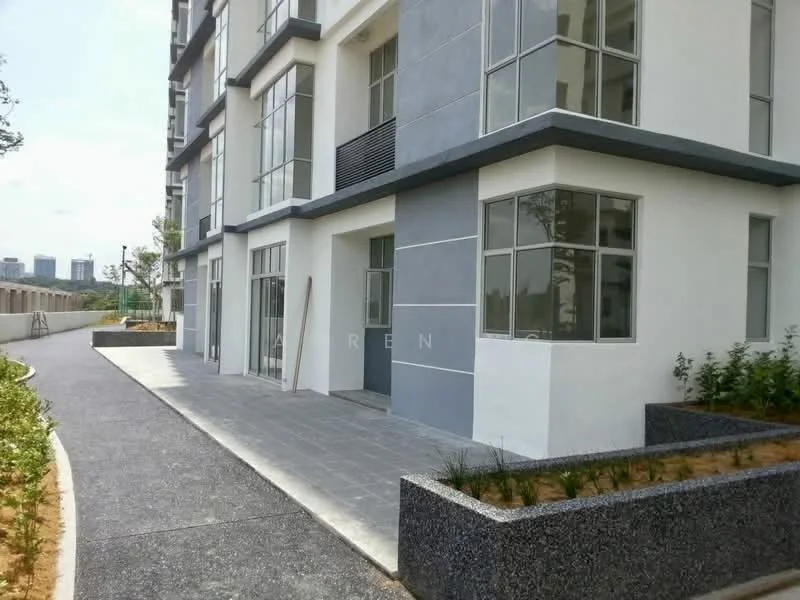 Exterior type: low-rise apartment block; features: grey painted facade, large glass windows, concrete walkway, landscaped garden beds, paved pathway, corner unit, modern architectural design; style: modern.