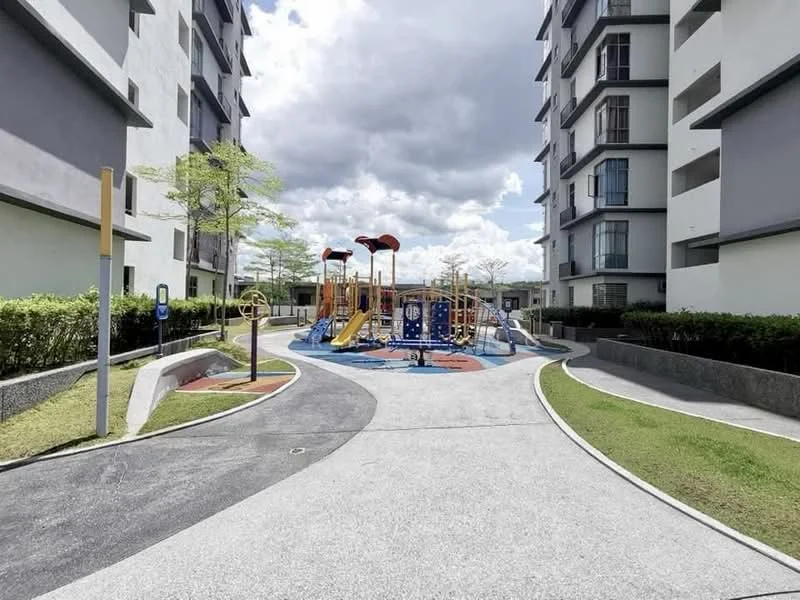 Exterior type: mid-rise condominium; features: children's playground with slides and climbing structures, manicured lawn, paved walkway, surrounding greenery, two mid-rise buildings, outdoor fitness equipment, parking area, landscaped garden; style: modern.