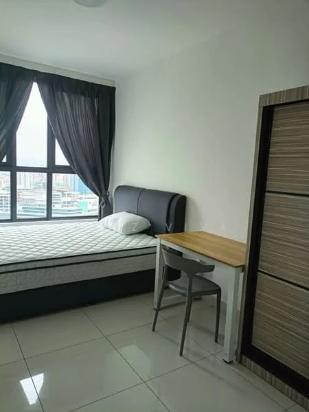 Bedroom features: queen-size bed, upholstered headboard, white bedding, floor-to-ceiling windows, blackout curtains, white painted walls, glossy tile flooring, study desk with wooden top, grey chair, built-in wardrobe with sliding doors; style: modern; view: city.