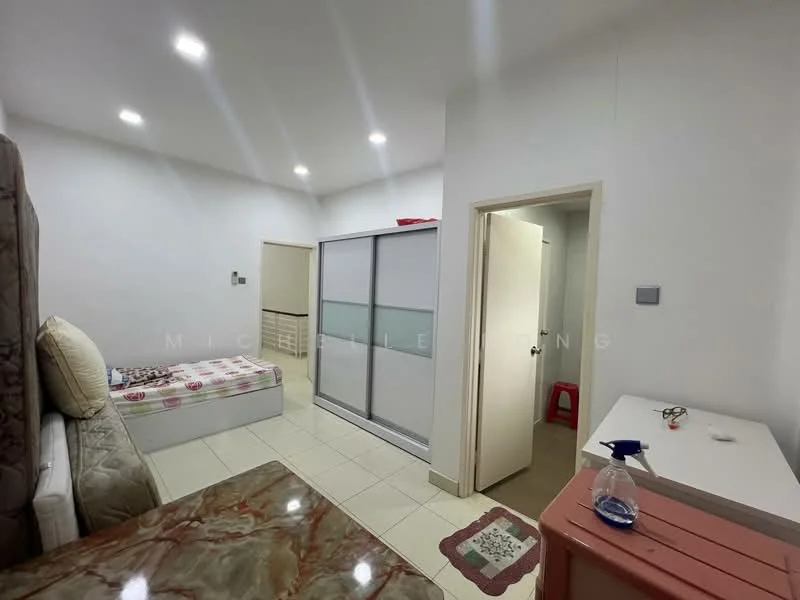 Room features: white painted walls, tile flooring, recessed downlights, single bed with mattress, built-in wardrobe with sliding doors, wooden bedside table, small red chair, decorative rug, white door, window with no visible treatment; style: modern.