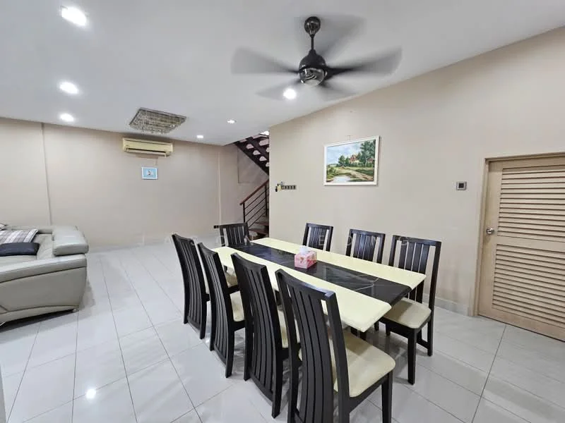 Dining features: 8-seater dining table with black tabletop, black dining chairs with cream upholstery, white tiled flooring, recessed LED downlights, ceiling fan with light, wall-mounted air conditioning unit, decorative painting on wall, wooden staircase in background; style: modern. Living features: leather sectional sofa in light grey, coffee table, wall-mounted TV, white painted walls, wooden door with slatted design; style: modern.