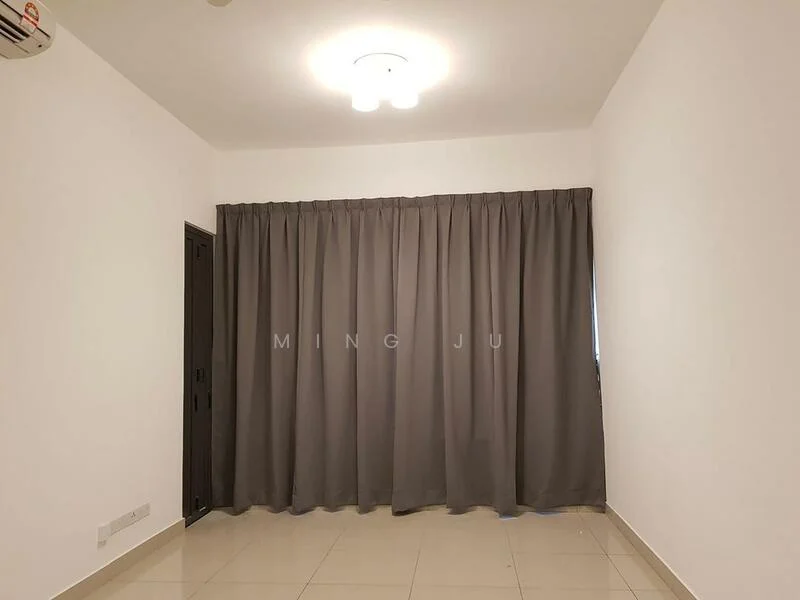 Room features: white painted walls, grey curtains, ceramic tile flooring, ceiling light fixture, wall-mounted split AC.