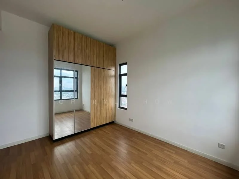 Bedroom features: wooden flooring, white painted walls, built-in wardrobe with mirrored doors, two windows, natural light, minimalist decor; style: modern; view: city.