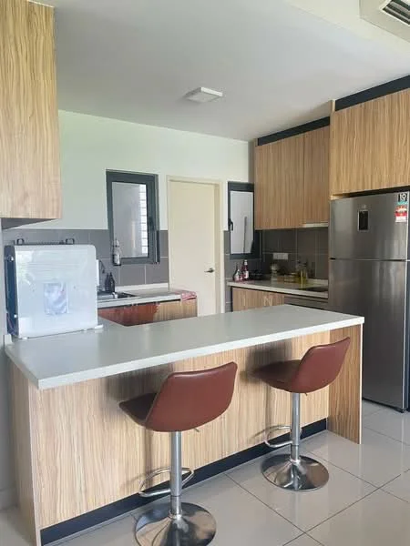 Kitchen features: laminate cabinetry in wood finish, white quartz countertop, stainless-steel fridge, built-in oven, double-bowl stainless-steel sink, chrome pull-down faucet, pendant lighting above island, bar stools with chrome base, ceramic tile flooring, wall-mounted cabinets, window with grid pattern, neutral wall color; style: modern.