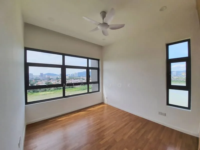Room features: large floor-to-ceiling windows, two smaller windows, wooden flooring, white painted walls, 5-blade ceiling fan, natural light, city view; style: modern; view: city.
