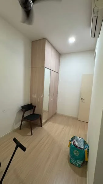 Room features: light wood laminate flooring, white painted walls, built-in wardrobe with mirrored doors, ceiling fan, air conditioning unit, single chair, small table, laundry basket; style: modern.