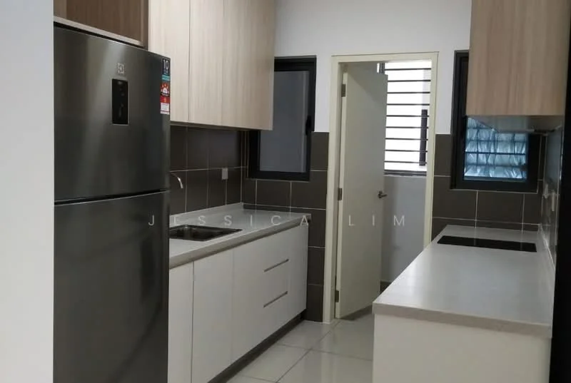 Kitchen features: stainless-steel fridge, single-bowl stainless-steel sink, chrome pull-down faucet, white laminate countertop, white shaker cabinets, grey tiled backsplash, built-in cooktop, wall-mounted cabinets, grey ceramic tile flooring, window with horizontal bars, door leading to outside, recessed downlights; style: modern.