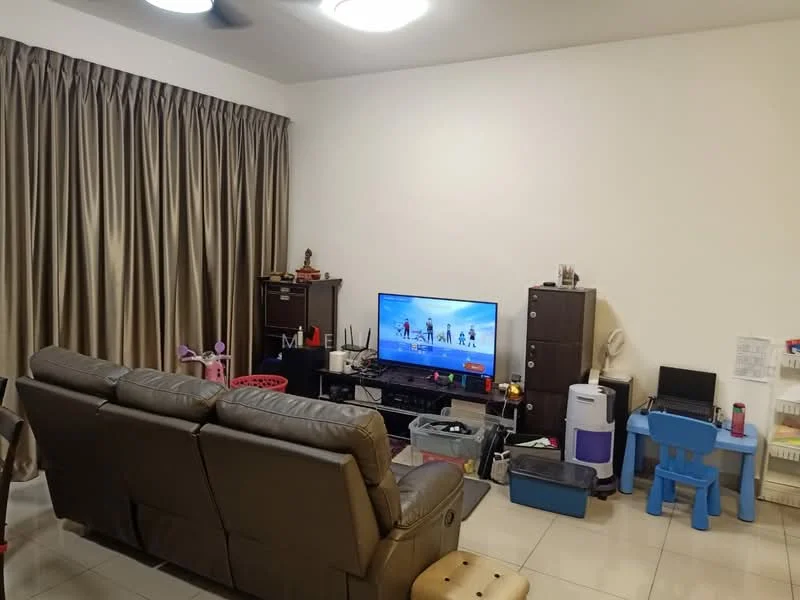 Living features: 3-seater leather sofa in dark brown, wall-mounted TV, TV console, entertainment unit, area rug, floor-to-ceiling curtains in beige, recessed ceiling lights, ceramic tile flooring, decorative wall art, storage boxes, small desk with chair, children's toys; style: modern.