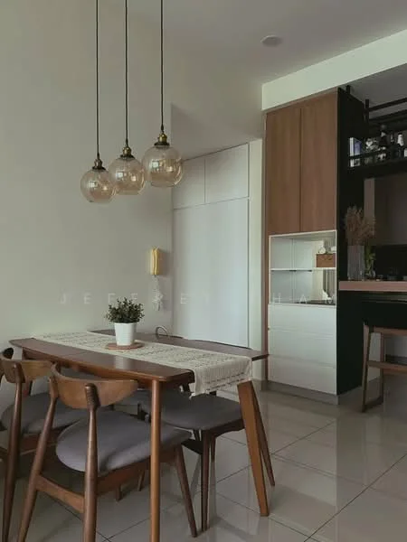 Dining features: wooden dining table, 4 wooden dining chairs with grey cushions, pendant lighting with glass globes, white walls, cream tile flooring, built-in cabinetry with wood finish, open shelving, decorative plant in ceramic pot; style: modern. Kitchen features: black cabinetry, white countertop, built-in appliances, open shelving; style: modern.