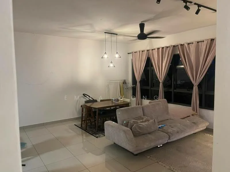 Living features: 3-seater fabric sofa in light grey, coffee table, dining table with chairs, pendant lighting with three bulbs, ceiling fan, floor-to-ceiling windows, curtains in light beige, tile flooring, area rug, wall-mounted TV, decorative wall art; style: modern; view: city.