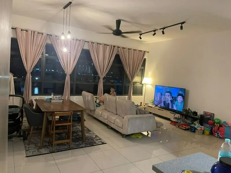 Living features: 3-seater fabric sofa in light grey, coffee table, TV console, wall-mounted TV, area rug with geometric pattern, 5-blade ceiling fan with light, recessed LED downlights, floor-to-ceiling windows, sheer curtains, decorative mirror, dining table with 4 chairs, stroller, toys scattered on the floor; style: modern; view: city.