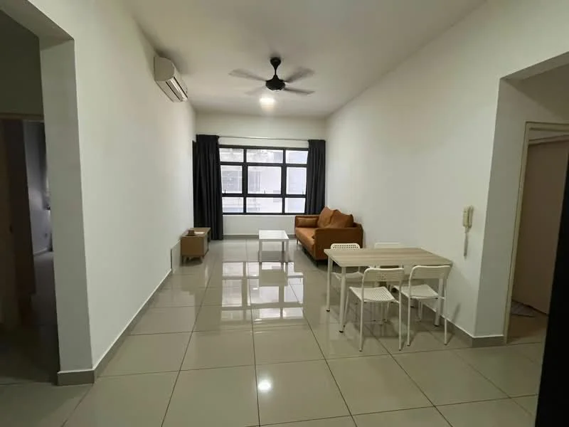 Living features: cream painted walls, glossy ceramic tile flooring, 5-blade ceiling fan with light, floor-to-ceiling windows, blackout curtains, brown fabric sofa, coffee table, 4-seater dining table, white plastic dining chairs, air conditioning unit; style: modern.