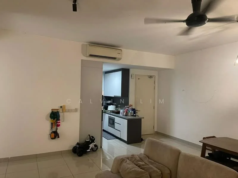 Living features: cream painted walls, glossy tile flooring, 5-blade ceiling fan, wall-mounted split AC, sofa in beige, wooden dining table, kitchen area visible, kitchen cabinets in black, countertop in dark color, refrigerator, various kitchen appliances on countertop; style: modern.