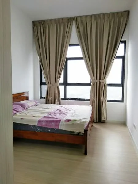 Bedroom features: queen-size bed with patterned bedding, wooden bed frame, floor-to-ceiling windows, sheer curtains, dark brown wooden flooring, light grey painted walls, decorative wall with no visible artwork, minimalist decor; style: modern; view: city.