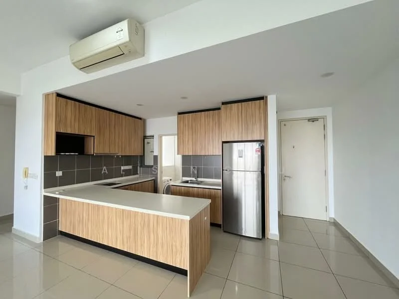 Kitchen features: laminate cabinetry in wood finish, white quartz countertop, stainless-steel fridge, built-in oven, 4-burner gas hob, single-bowl stainless-steel sink, chrome pull-down faucet, wall-mounted split AC, tile flooring, white walls, recessed downlights; style: modern.