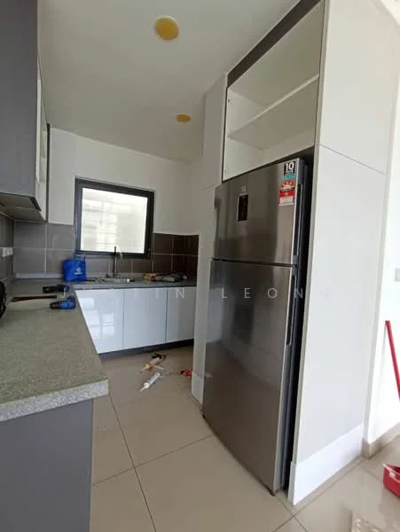 Kitchen features: stainless-steel fridge, grey laminate countertop, white cabinetry, tile backsplash, single-bowl stainless-steel sink, chrome pull-down faucet, ceramic tile flooring, window with view, built-in oven, cooktop, under-cabinet lighting; style: modern.