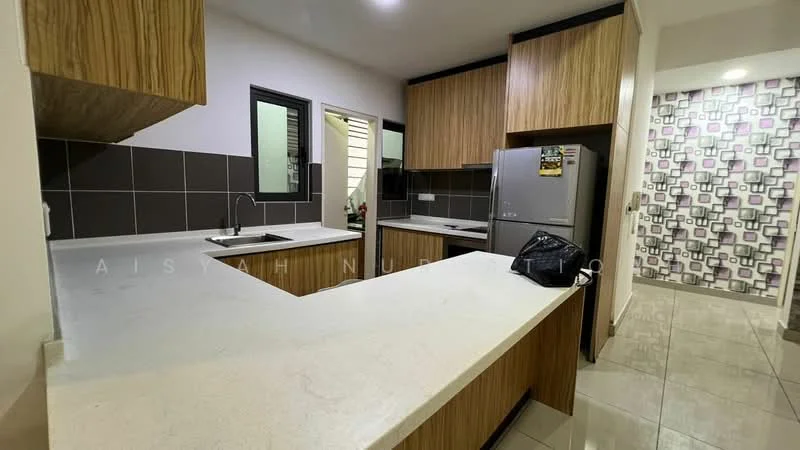 Kitchen features: L-shaped countertop, white quartz countertop, wood cabinetry, stainless-steel fridge, single-bowl stainless-steel sink, chrome pull-down faucet, black tile backsplash, ceramic tile flooring, recessed lighting, window above sink, open shelving, wall-mounted cabinets; style: modern.