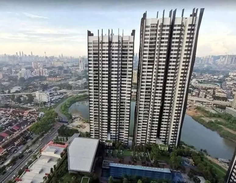Exterior type: high-rise condominium; features: glass curtain wall, white painted facade, recessed balconies, vertical fins, approximately 20-storey high-rise, manicured lawn, swimming pool deck, landscape garden, surrounded by mature greenery, city skyline in background; style: modern.