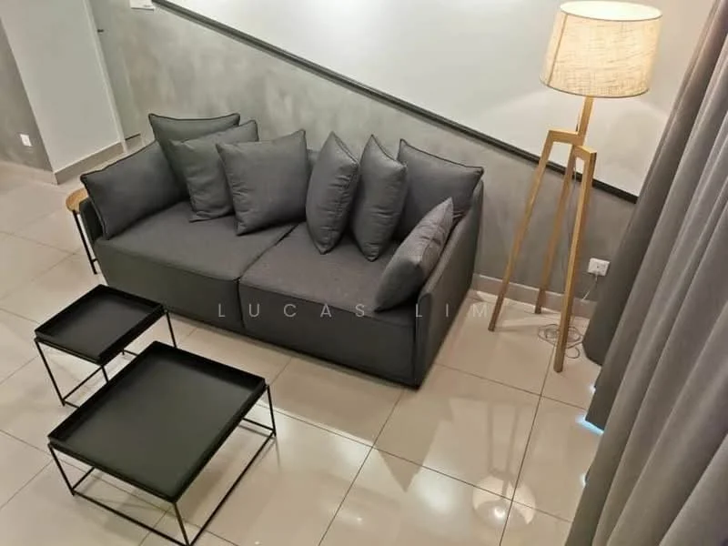 Living features: 3-seater fabric sofa in grey, decorative cushions, 2 black metal side tables, laminate flooring, grey painted walls, floor lamp with wooden stand, curtains in light grey, recessed lighting; style: modern.