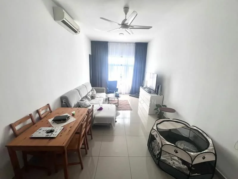 Living features: grey fabric sofa, white coffee table, wooden dining table with 4 chairs, television on a white console, floor-to-ceiling windows with sheer curtains, recessed ceiling lights, 5-blade ceiling fan, light-colored tiled flooring, pet playpen, decorative rug; style: modern.