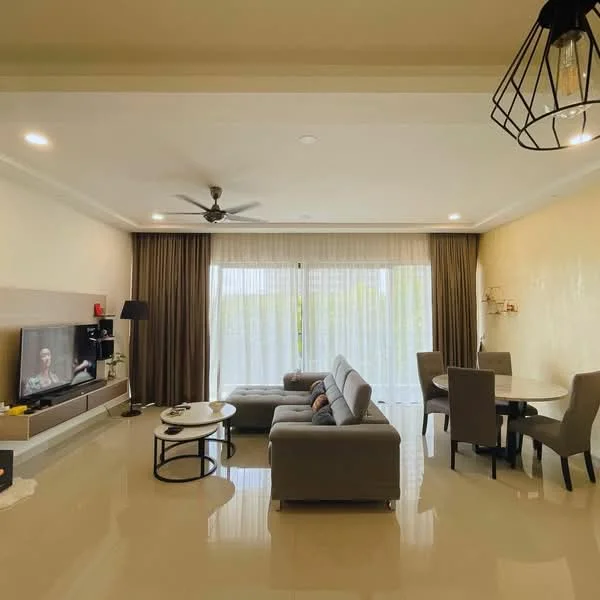 Living features: 3-seater fabric sofa in grey, 2-seater fabric sofa in grey, coffee table, wall-mounted TV, TV console, dining table for 4 with upholstered chairs, ceiling fan, recessed downlights, floor-to-ceiling windows with sheer curtains, cream painted walls, polished tile flooring, decorative wall art; style: modern; view: garden.