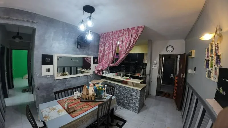 Dining features: dining table with 4 chairs, grey walls with floral curtain, pendant light fixture, mirror on wall, open kitchen layout, tile flooring, wall-mounted clock, decorative wall art; style: modern. Kitchen features: kitchen countertop, stainless-steel sink, black cabinetry, kitchen appliances visible, open shelving, tile backsplash; style: modern.