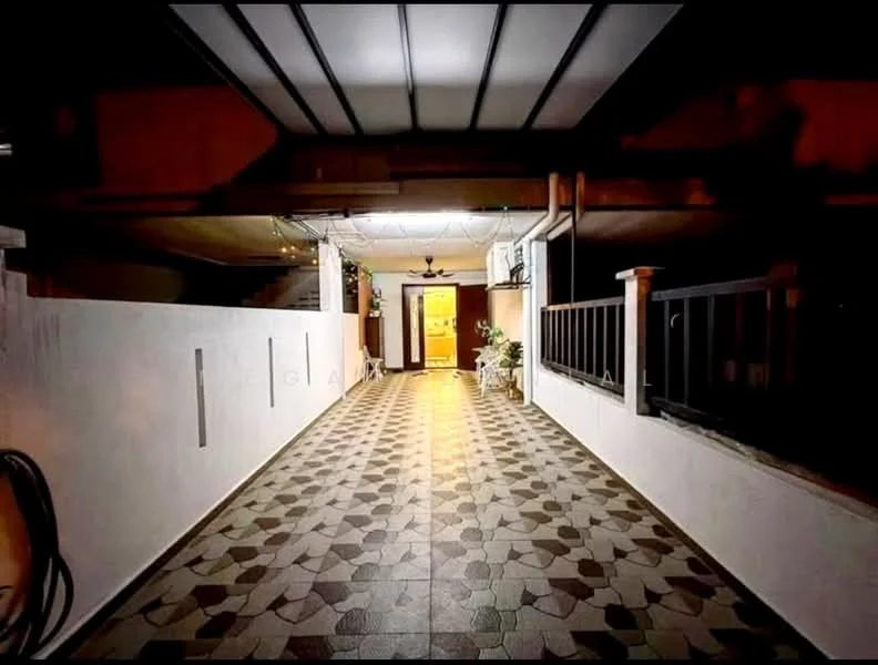 Exterior features: covered walkway, decorative tile flooring with geometric pattern, white painted walls, outdoor lighting, railing with vertical bars, access door visible at the end of the walkway; style: modern.