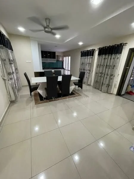 Dining features: 6-seater dining table, black dining chairs, area rug, white walls, recessed downlights, ceiling fan, sliding glass door, curtains with pattern, tile flooring; style: modern. Living features: sofa, coffee table, TV console, wall-mounted TV, floor-to-ceiling windows; style: modern.