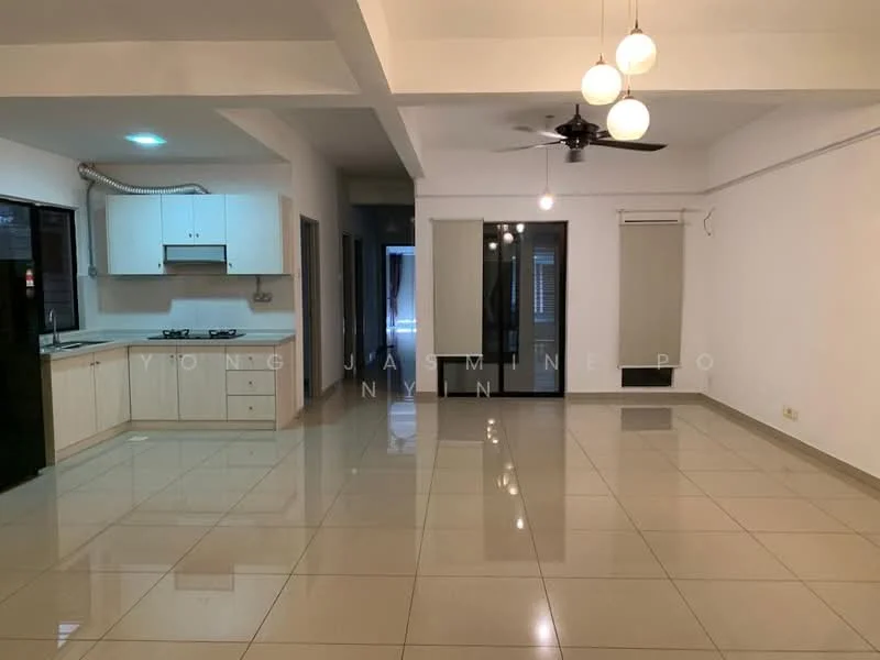 Living features: glossy tile flooring, white painted walls, ceiling with recessed lighting, 5-blade ceiling fan, large windows with black frames, sliding glass door, open layout to kitchen, pendant lights, air conditioning unit; style: modern. Kitchen features: white cabinetry, stainless-steel sink, built-in gas stove, exhaust hood, countertop with space for appliances, open layout to living area; style: modern.
