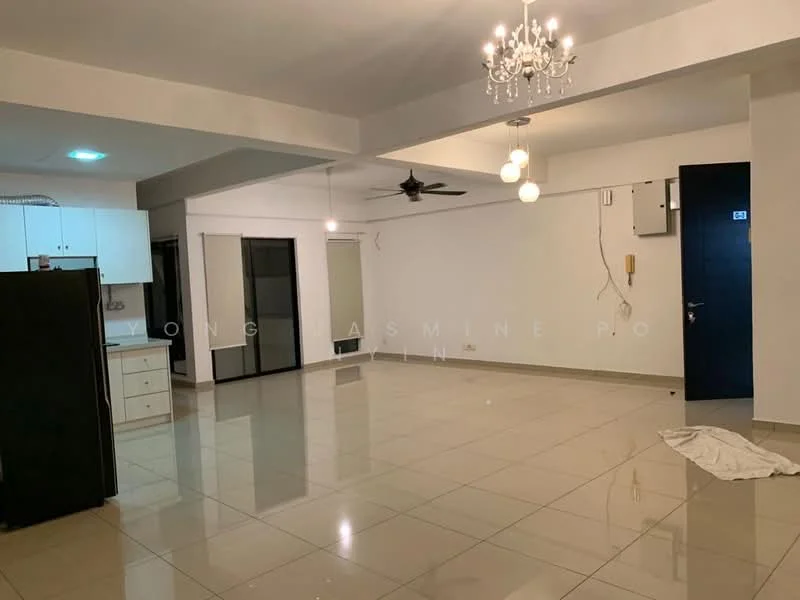 Living features: white painted walls, glossy tile flooring, 5-blade ceiling fan with light, chandelier, sliding glass door, floor-to-ceiling windows, recessed downlights, black door, open layout, kitchenette area with cabinets, laundry area, decorative wall panel; style: modern.