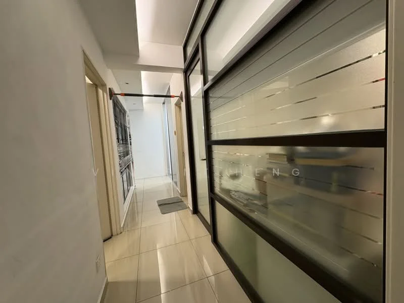 Room features: white painted walls, glossy tile flooring, glass partition with frosted design, door with glass panel, recessed lighting, neutral color scheme, hallway with natural light, built-in cabinetry on the left; style: modern.