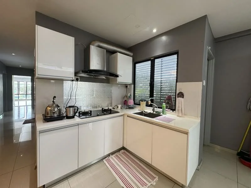 Kitchen features: white flat-panel cabinets, stainless-steel range hood, gas hob, stainless-steel kettle, stainless-steel pot, sink with faucet, white tiled backsplash, grey painted walls, ceramic tile flooring, window with blinds, countertop with space for appliances, striped kitchen mat; style: modern.